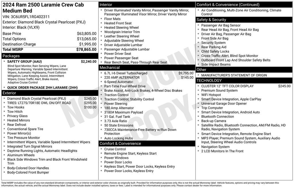 2024 RAM 2500 Laramie REW CAB 4X4 HEATED LEATHER - Cummins 6.7L I-6 Die